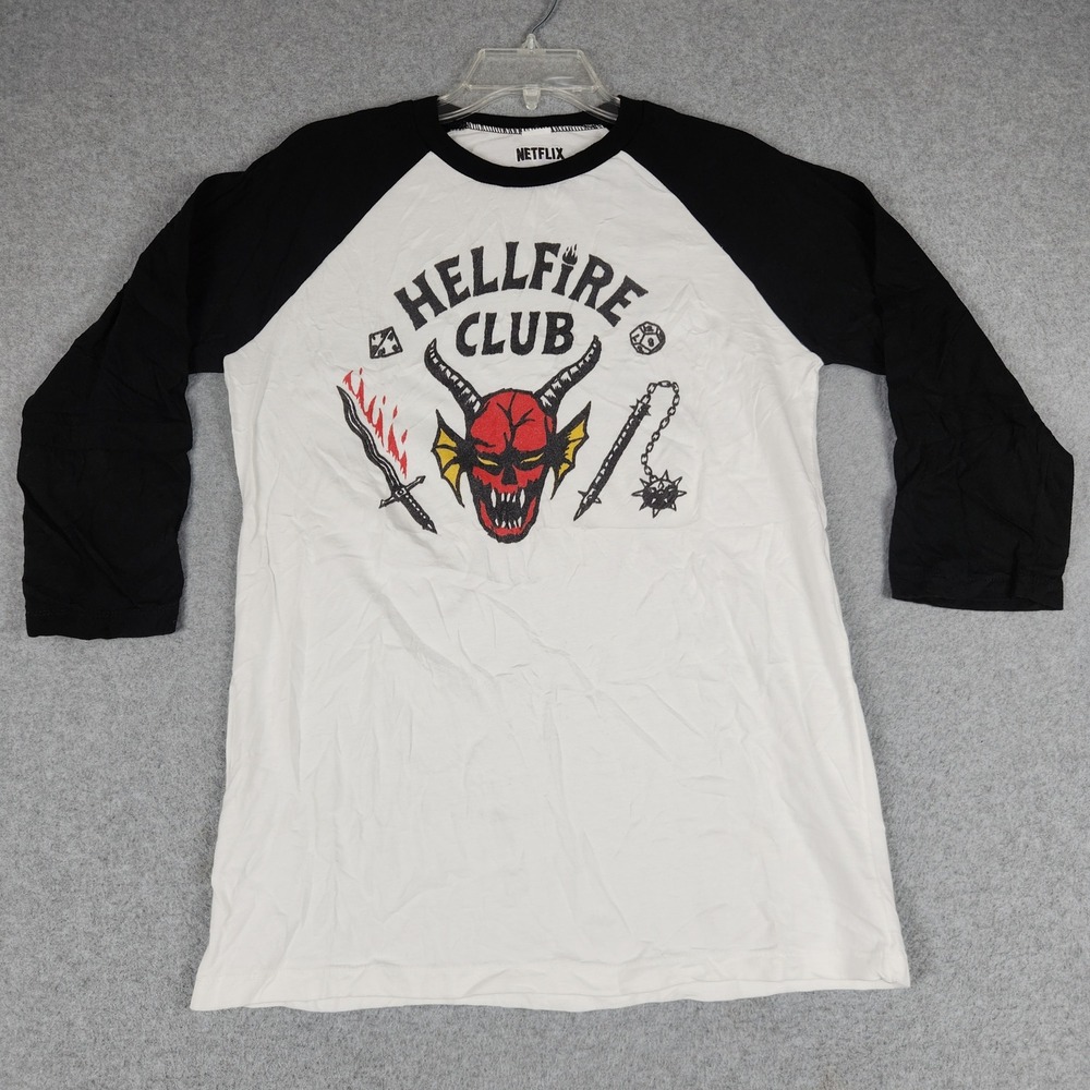 Netflix Hellfire Club Raglan Tee Shirt Mens Medium White Black Stranger Things